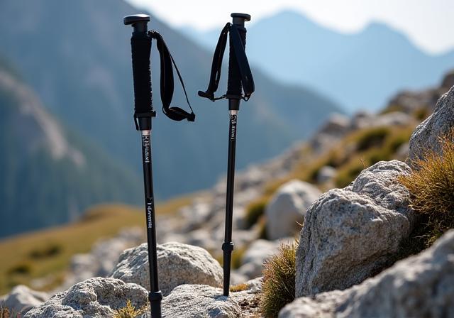 Carbon fiber trekking poles on rocky terrain